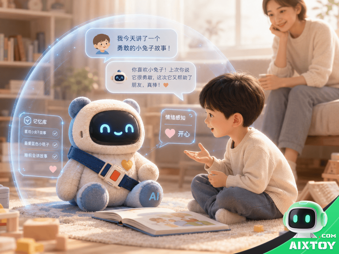 AI toy safety concept showing a plush robot companion with a visible safety lock icon representing regulatory boundaries for children AI interaction