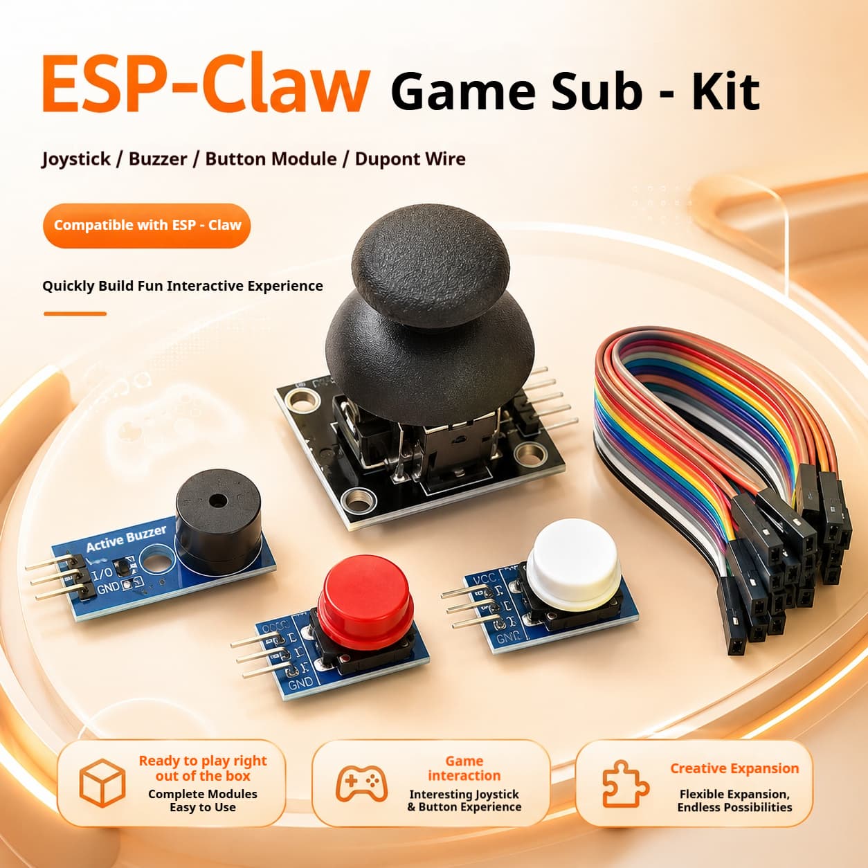ESP-Claw Game Sub-Kit Components Layout ESP-Claw game sub-kit components joystick buzzer button interactive modules