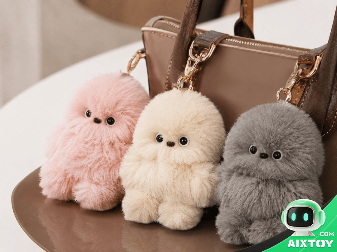 Close-up of Mirumi plush robot charm showing soft fur texture long arms for bag attachment and expressive head movement mechanism