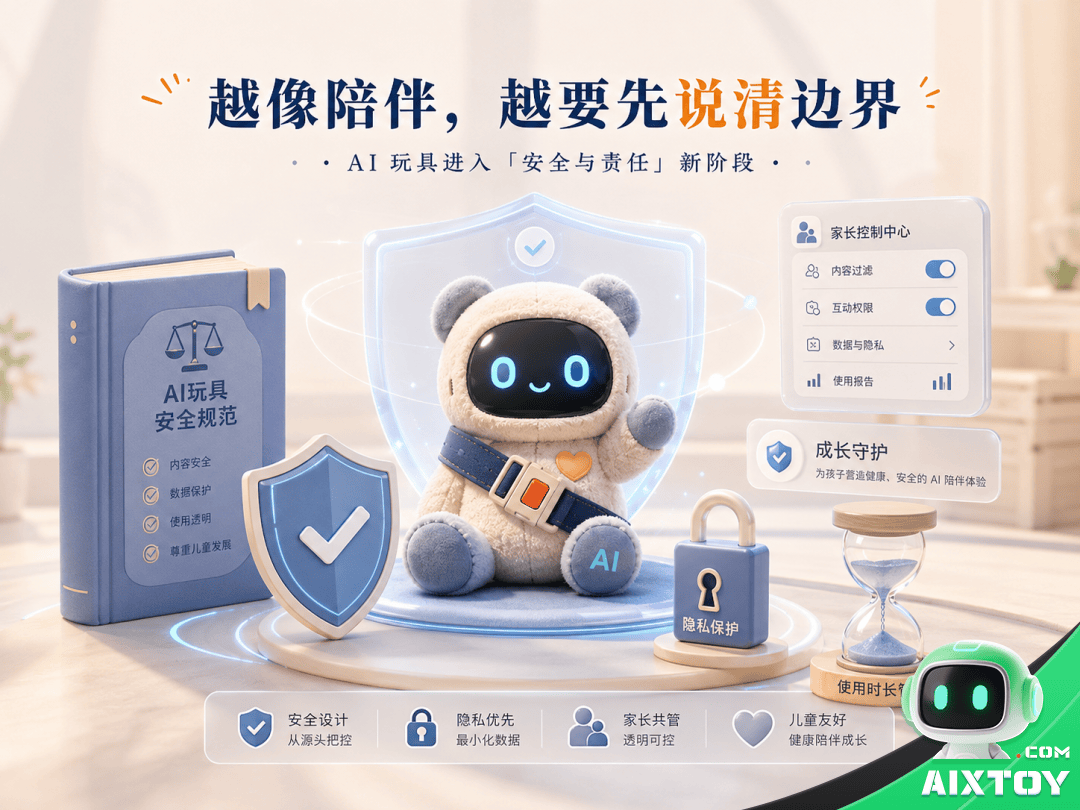 Parental control dashboard for AI toys showing data management content filtering and privacy settings for children companion robots