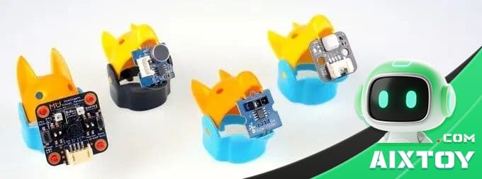 Banner showing several circuit boards mounted on yellow duck-shaped bases, with a green robot mascot and AixToy logo.