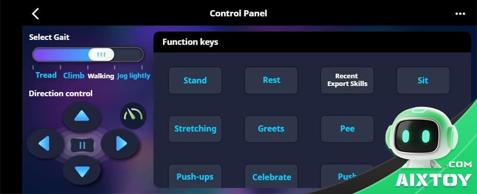 Robot control panel: left side shows gait selector with joystick-like controls; right side has a dark grid of function buttons (Stand, Rest, Sit, Stretching, Greets, Pee, Push-ups, Celebrate) on a blue/gray UI.