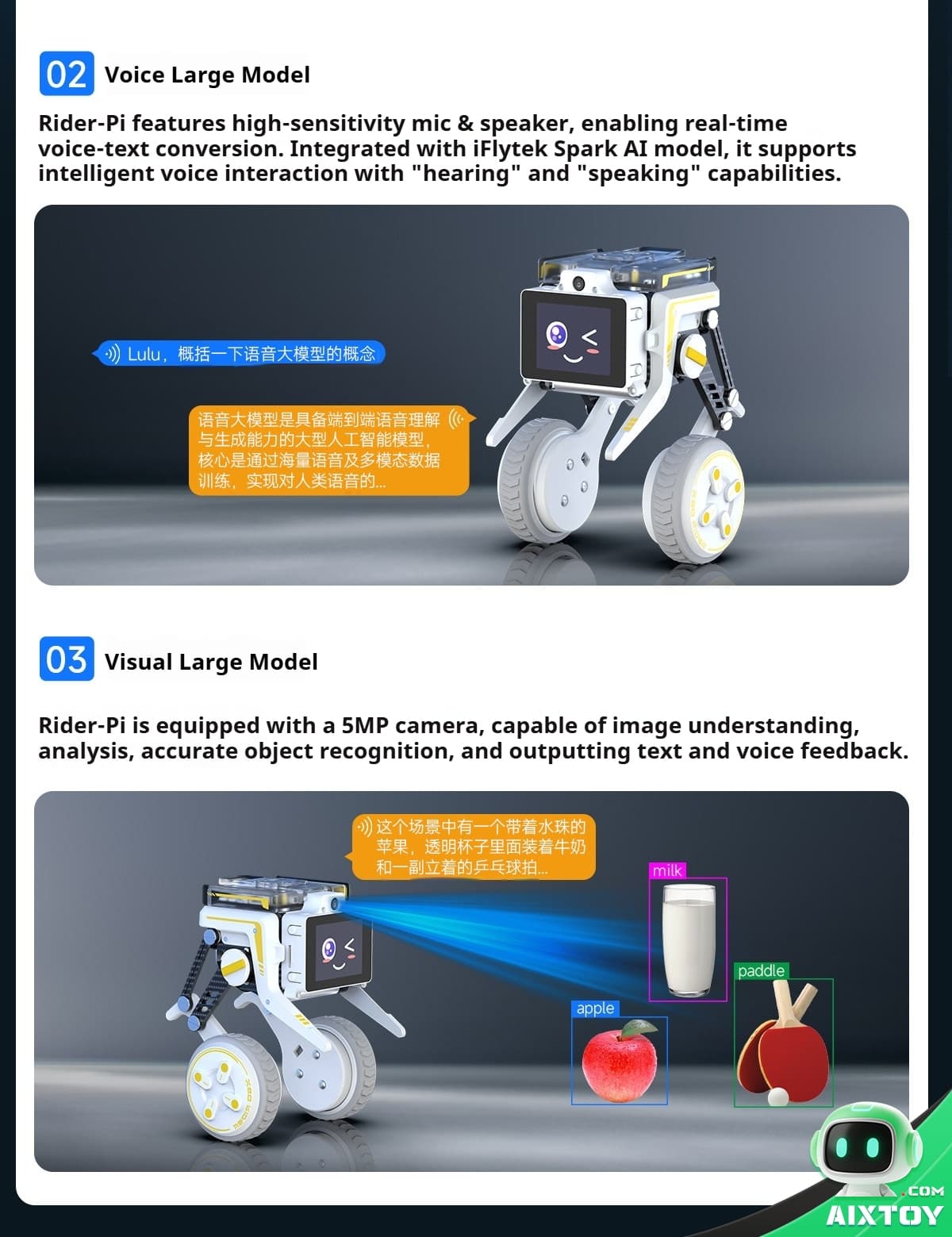 Small white wheeled robot with a screen face, blue and orange speech bubbles, on a rounded gray panel.