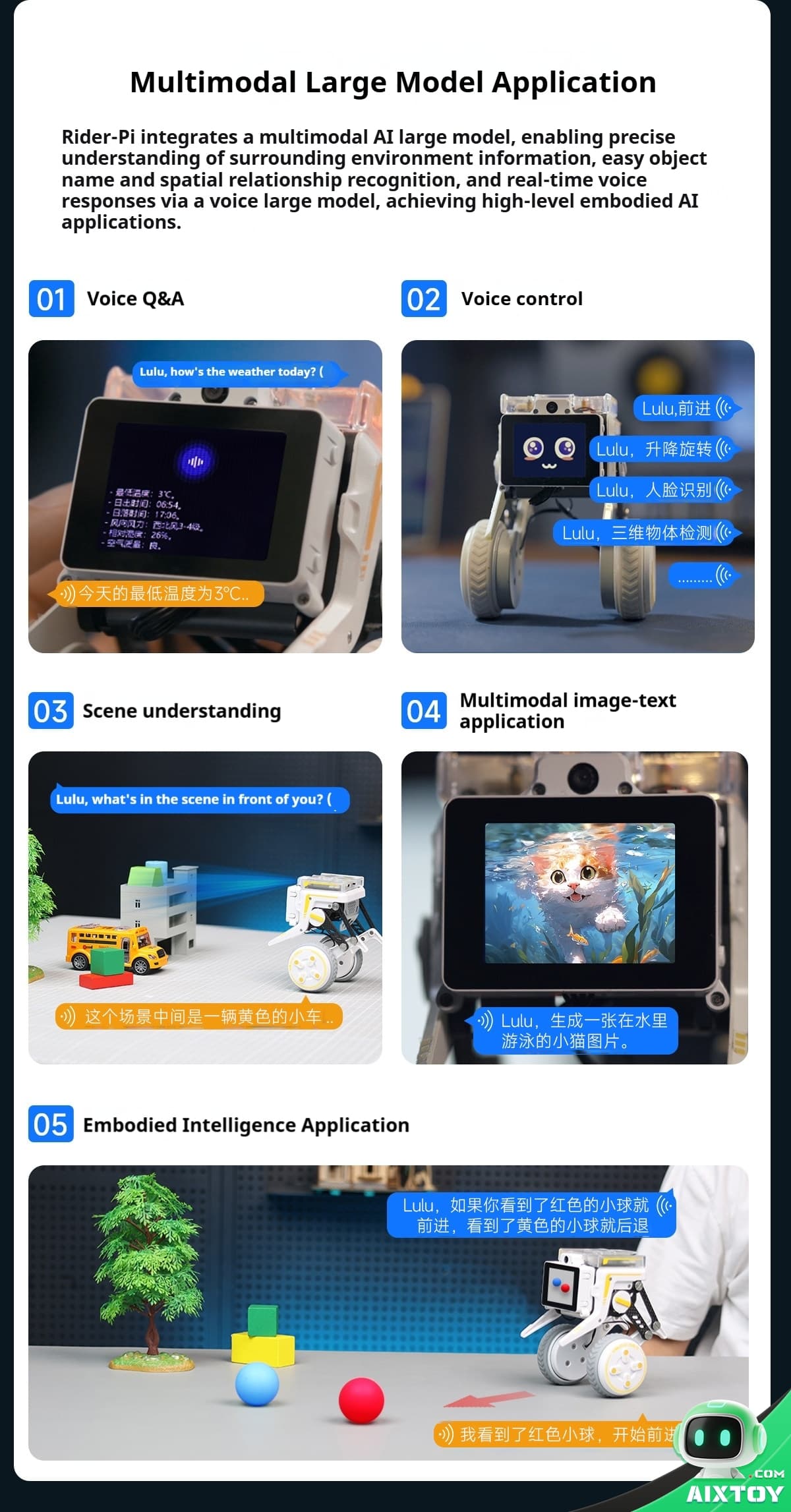 Informative infographic titled Multimodal Large Model Application showing five sections: Voice Q&A, Voice control, Scene understanding, Multimodal image-text application, and Embodied Intelligence, with sample robot images. Note: The image images illustrate examples for each application.