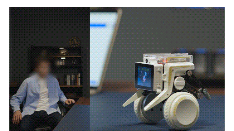 Two-panel image: left shows a blurred man in a blue shirt seated at a desk in a dim office; right shows a small white wheeled robot with a screen on a blue surface.