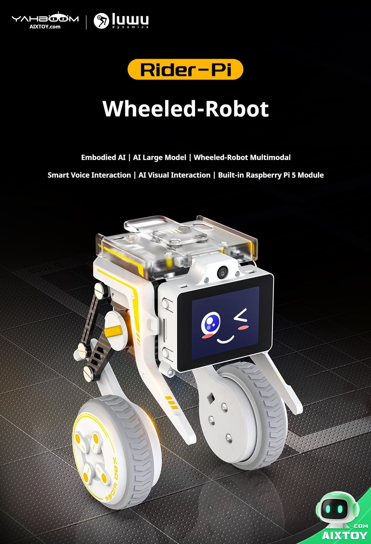 Hero image for Rider-Pi Wheeled-Robot: white modular robot with a clear top, yellow accents, two large wheels and a small wheel, smiling display on the front.