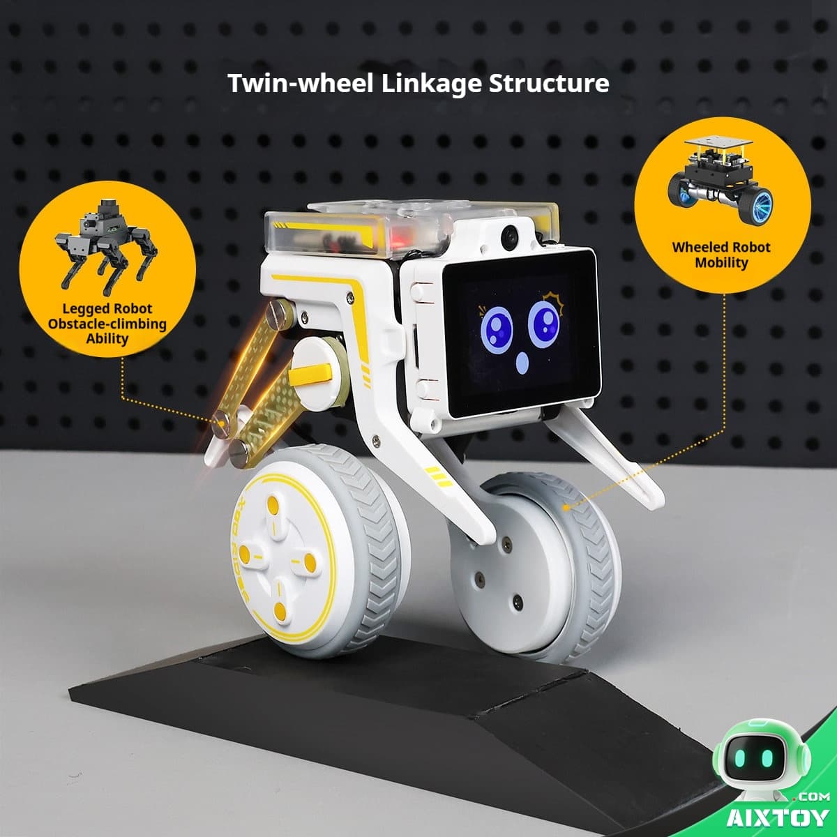 Rider-Pi wheeled robot with yellow accents driving on a ramp demonstrating mobility
