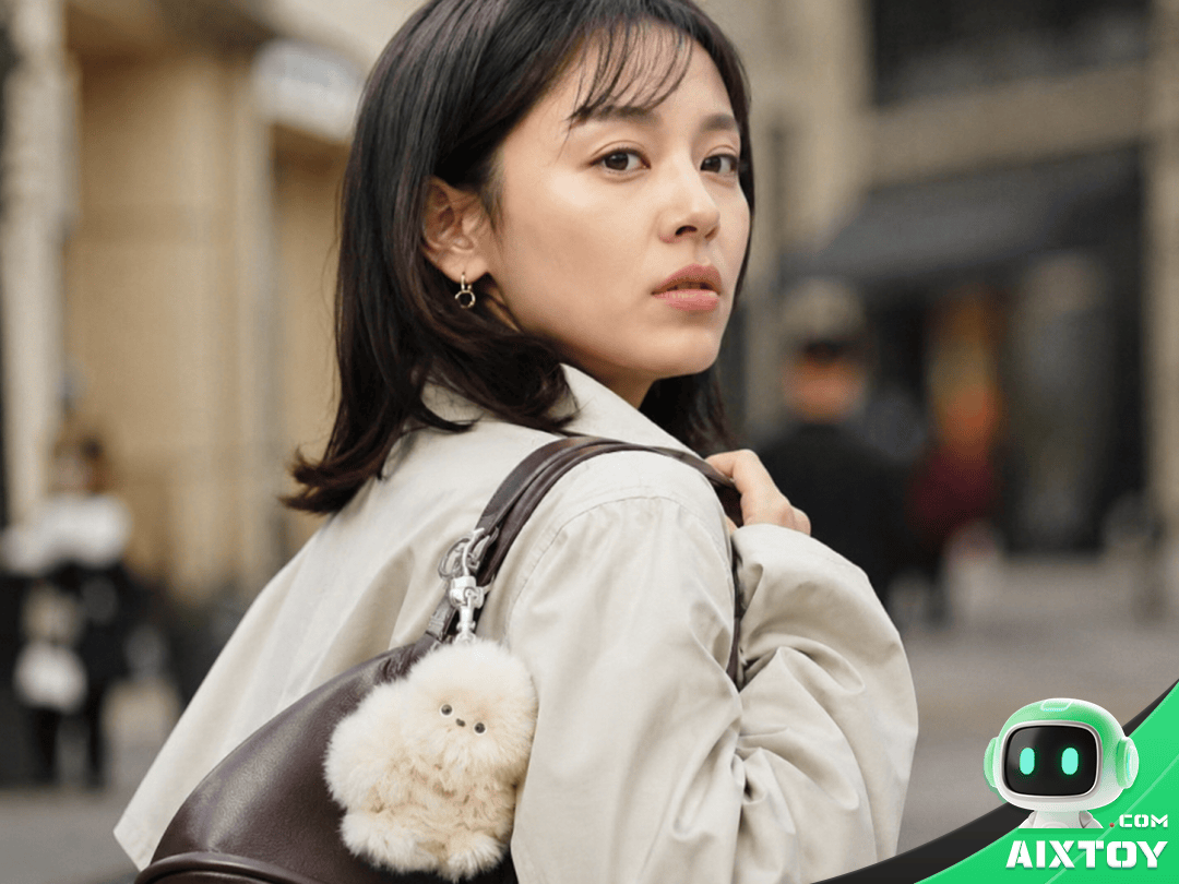Person wearing Mirumi plush robot charm on bag as fashion accessory demonstrating lifestyle accessory positioning for adult users