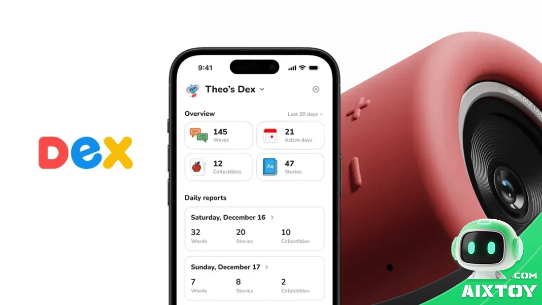 Dex AI language magnifier toy product packaging and specifications for the educational kids device by Reni Cao Silicon Valley startup