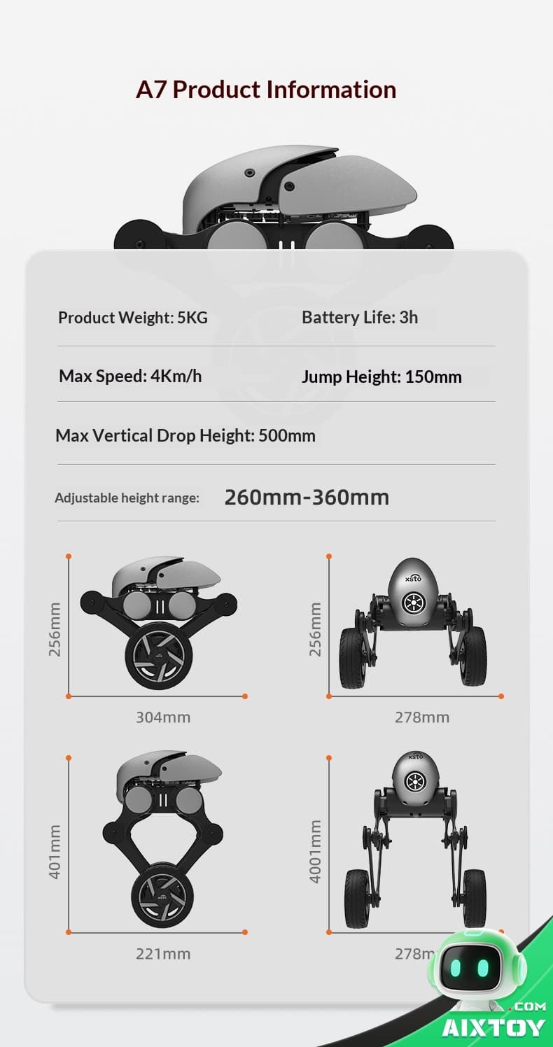 XSTO A7 AI Robot side profile showing bipedal walking mechanism and balance