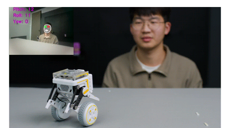 Small wheeled robot on a table in the foreground; a man in a beige shirt sits in the background, with an inset showing a masked person and pose data (Pitch 12, Roll 11, Yaw 0).