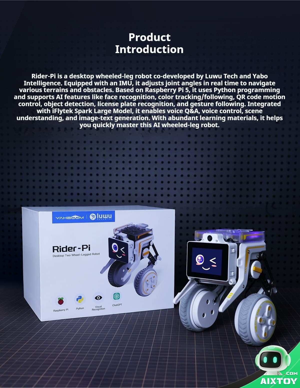 Rider-Pi robotic toy with two-wheel legs beside its white box on a dark dotted backdrop.
