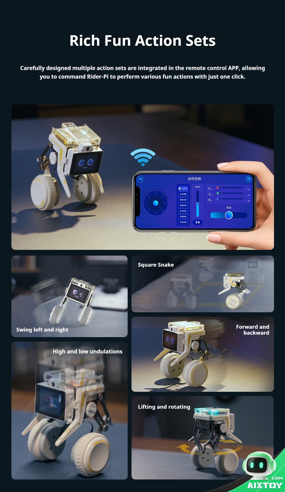 Robot toy on the left with wheels, next to a smartphone displaying a blue control app, connected by a wireless symbol (promotes remote control feature).