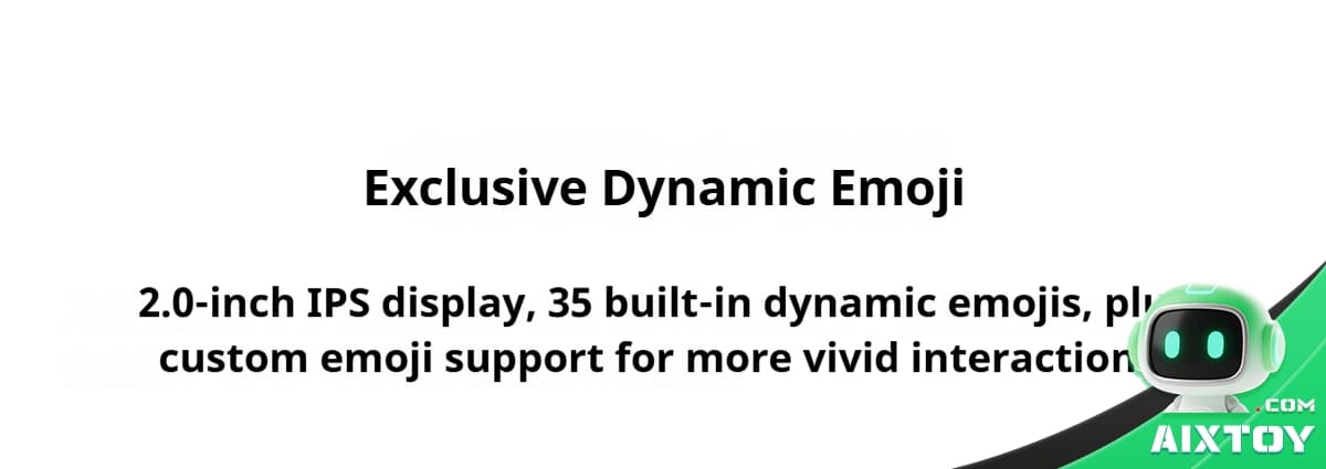 Hero banner reading 'Exclusive Dynamic Emoji' with specs: 2.0-inch IPS display, 35 built-in dynamic emojis, and custom emoji support; robot graphic bottom-right.