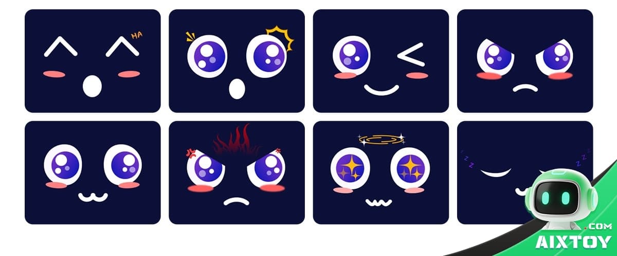 Dark blue rounded square with surprised face: raised brows, wide eyes, open mouth.