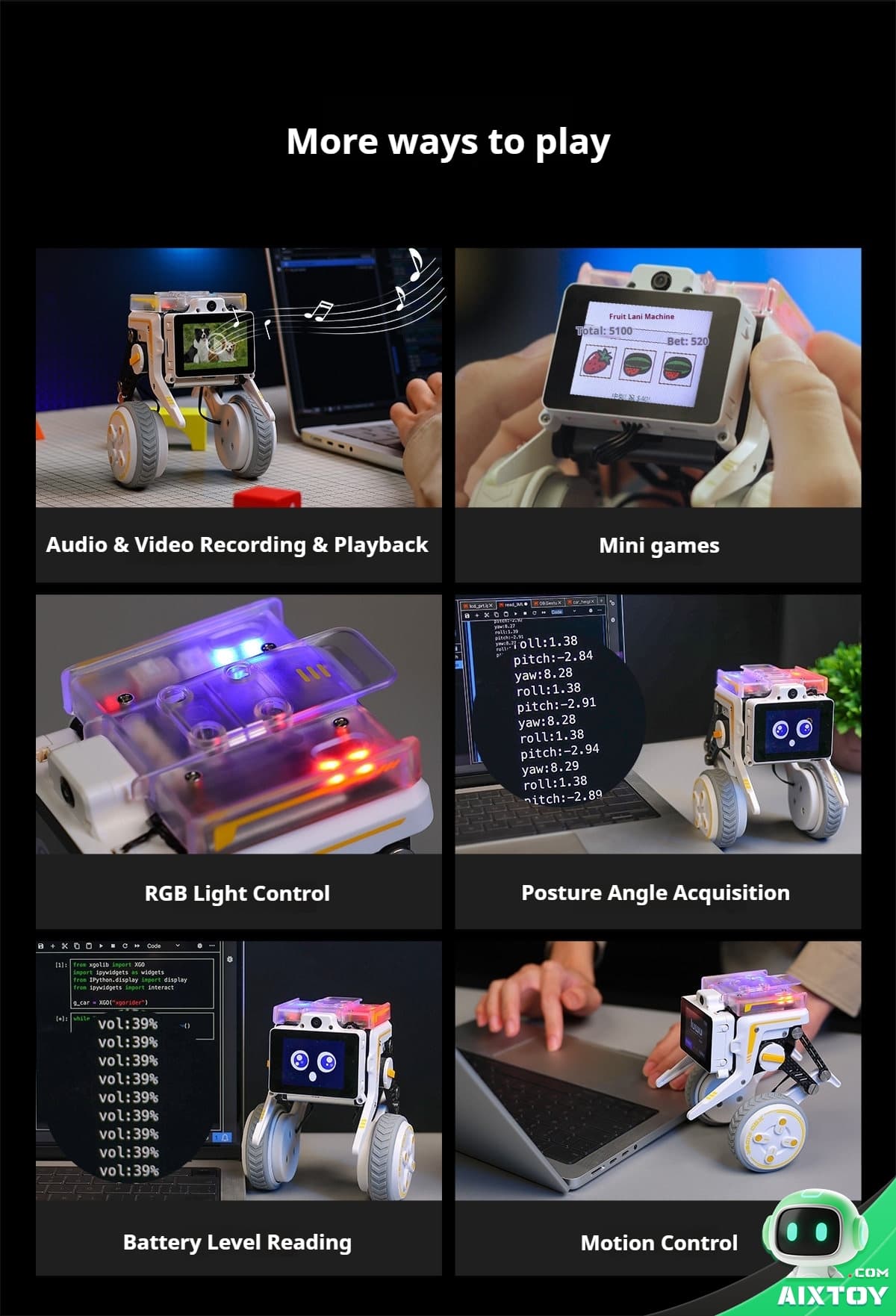 Header reads 'More ways to play' above a grid of six robot-themed activity tiles; shows a black background with white section captions.