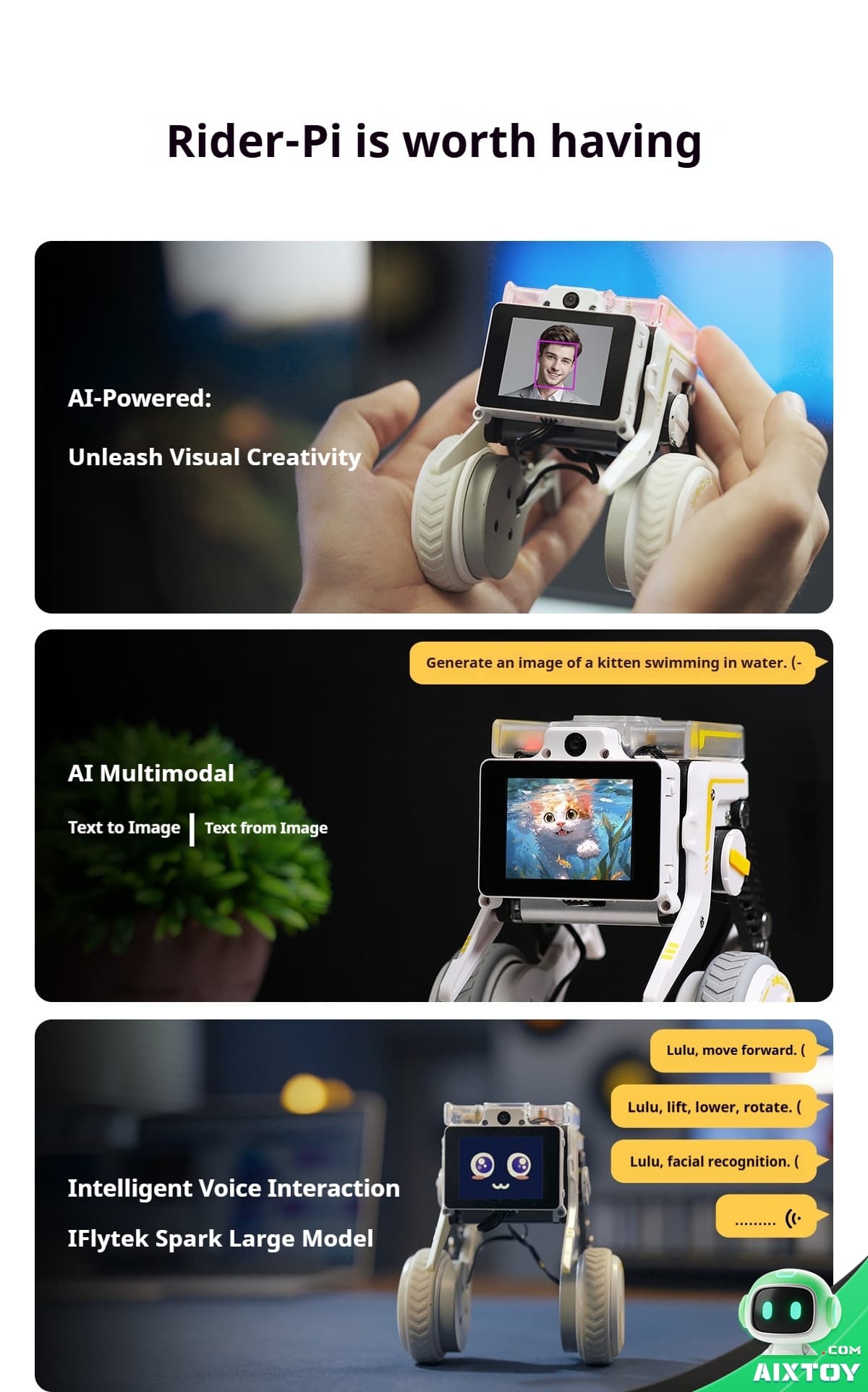 Small white AI robot being held, with a touchscreen display showing a portrait of a person.