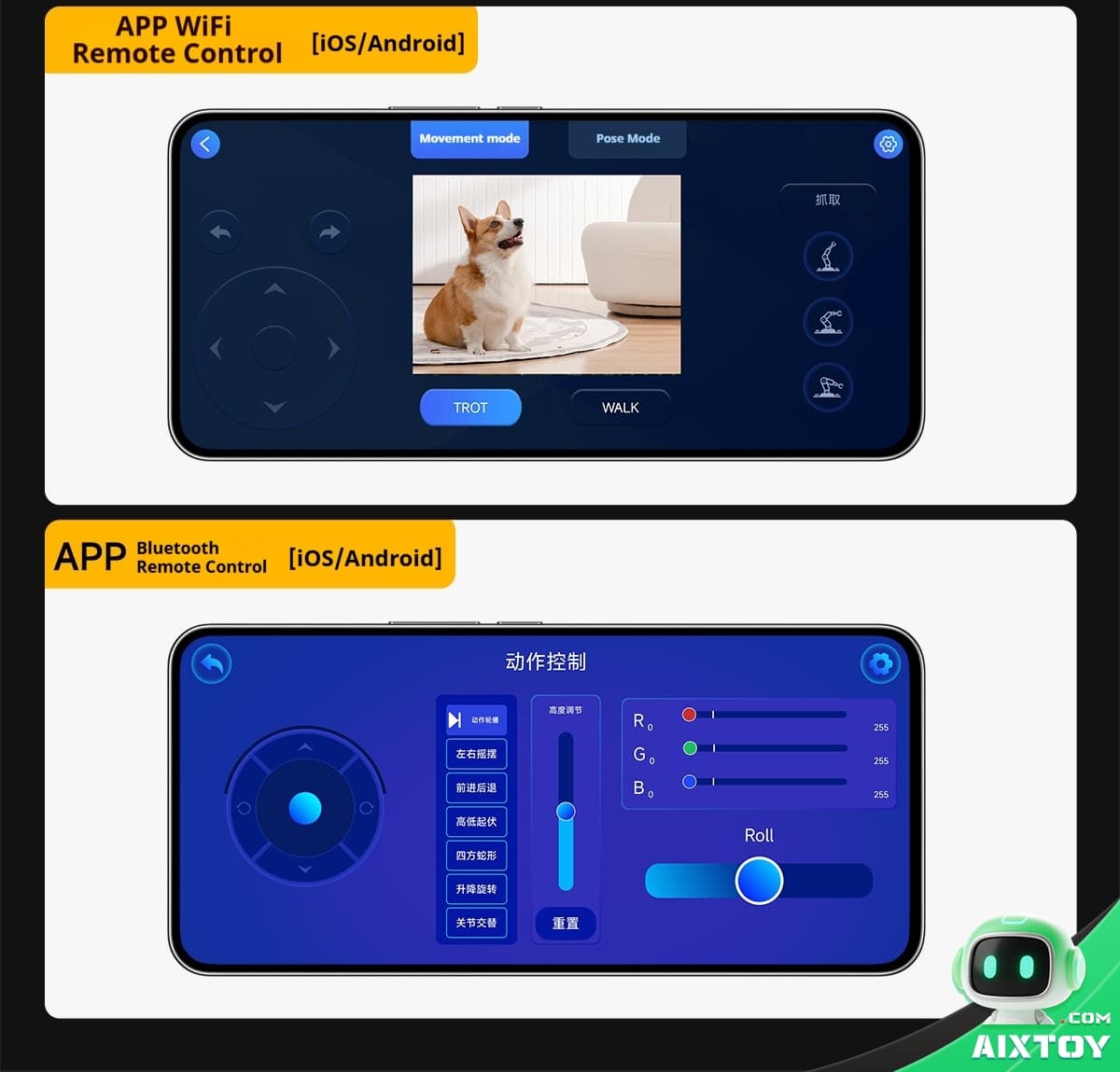 WiFi remote control app UI on a smartphone: top screen shows a dog image with movement options and TROT/WALK buttons on a dark blue interface