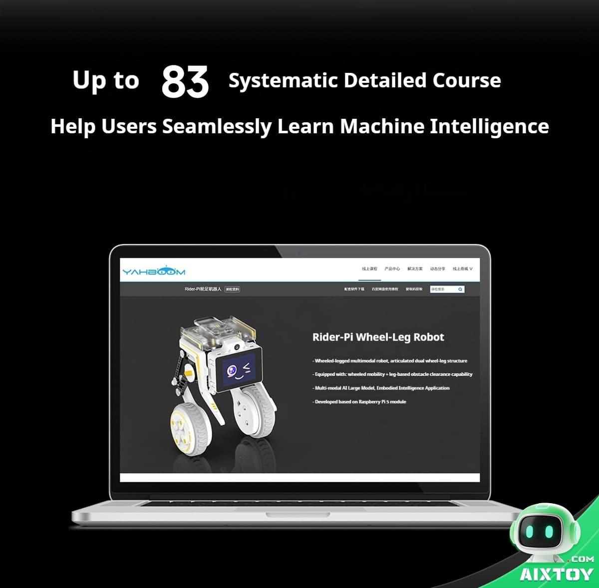 Promotional hero: bold headline about a Systematic Detailed Course up to 83, with a laptop showing a Rider-Pi Wheel-Leg Robot on a black background.