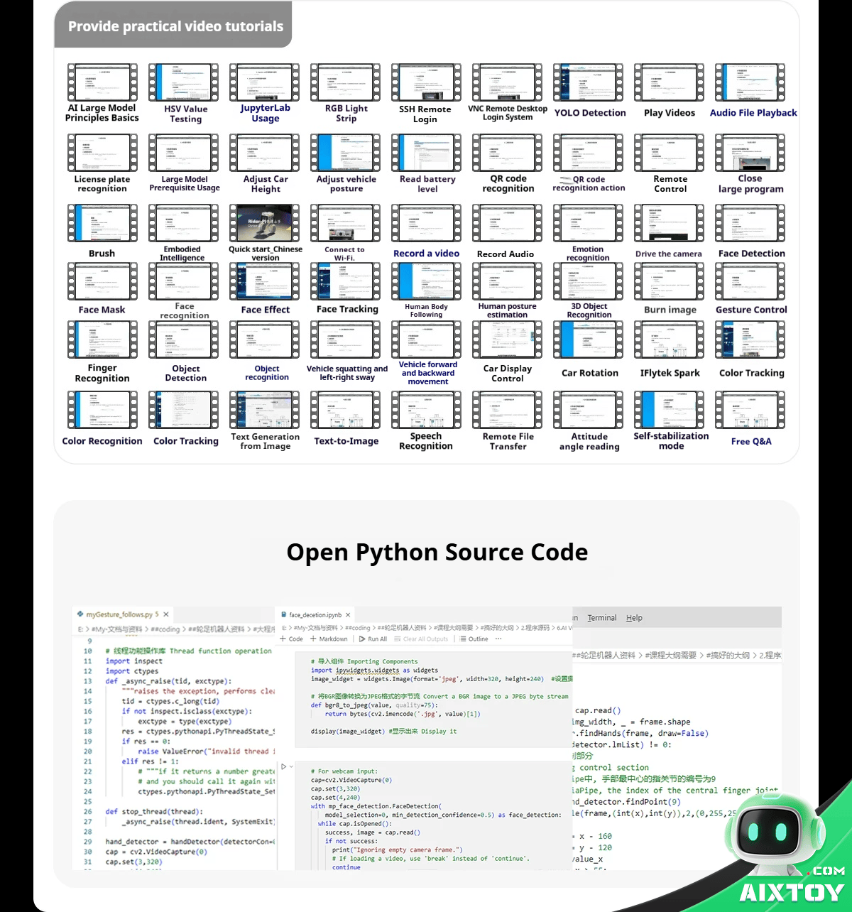 Grid of thumbnail video tutorials under the header 'Provide practical video tutorials' (topic labels on each thumbnail).