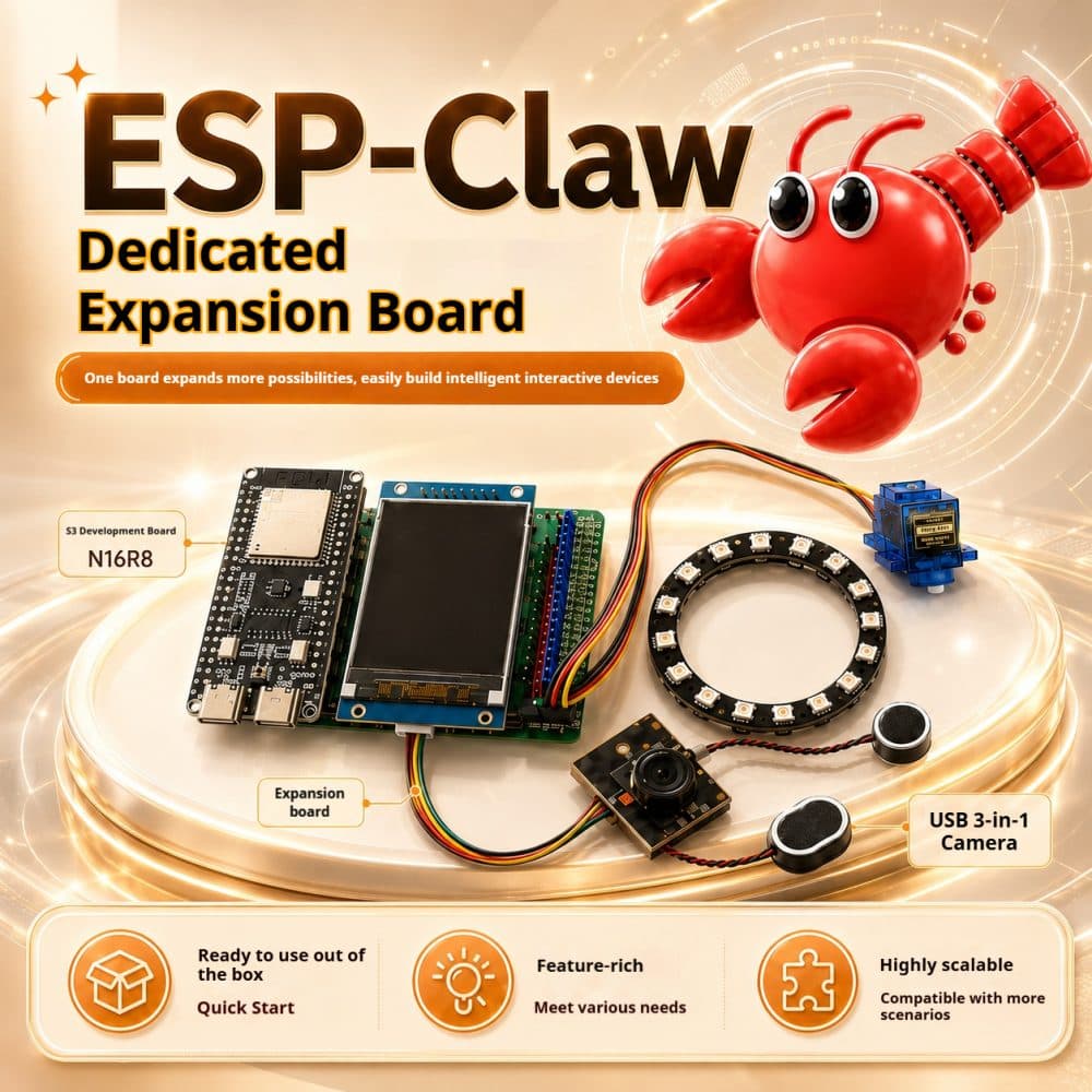 ESP-Claw expansion board promotional banner for DIY robotics kit ESP32