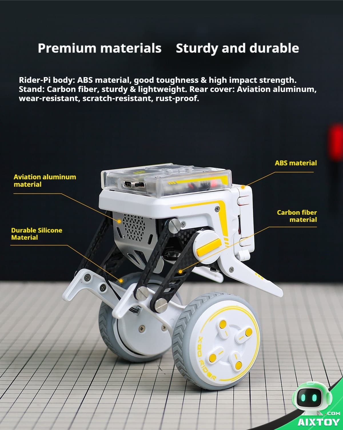 Robot toy with labeled materials: aviation aluminum, carbon fiber, ABS, and durable silicone; highlights premium, sturdy construction.