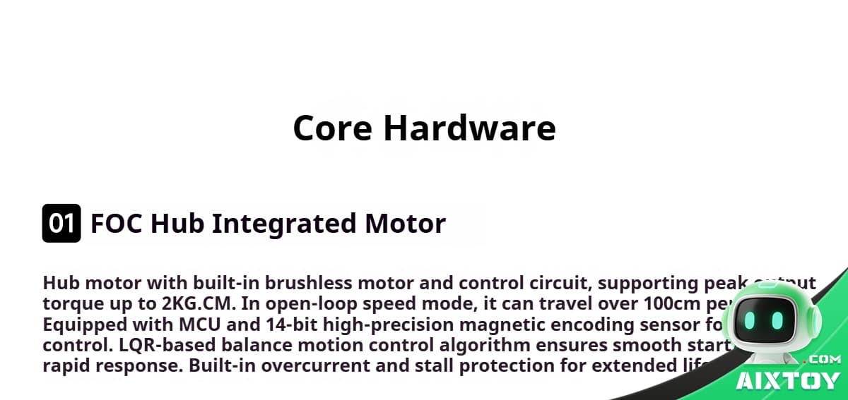 Core Hardware header with '01 FOC Hub Integrated Motor' feature and a green robot graphic at the bottom-right.