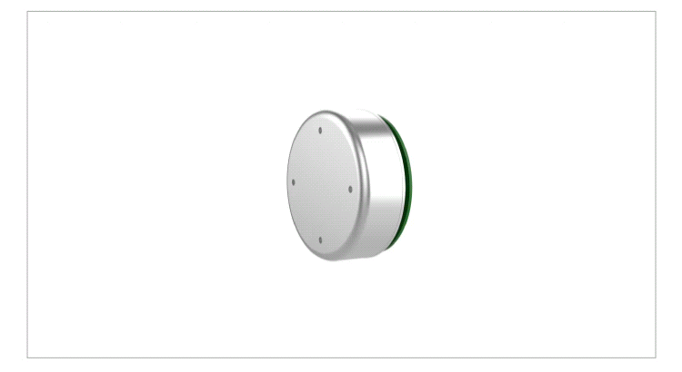Silver metal knob with a green inner edge, viewed from the side.