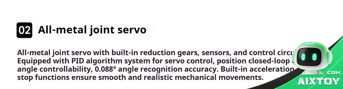 Section banner for '02 All-metal joint servo' with feature paragraph and a green cartoon robot on the right.