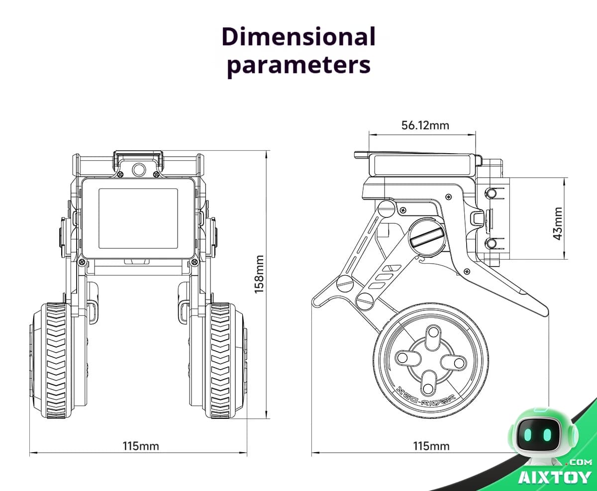 Technical blueprint of a small wheeled robot shown from front and side with overall dimensions (115mm wide, 158mm high).
