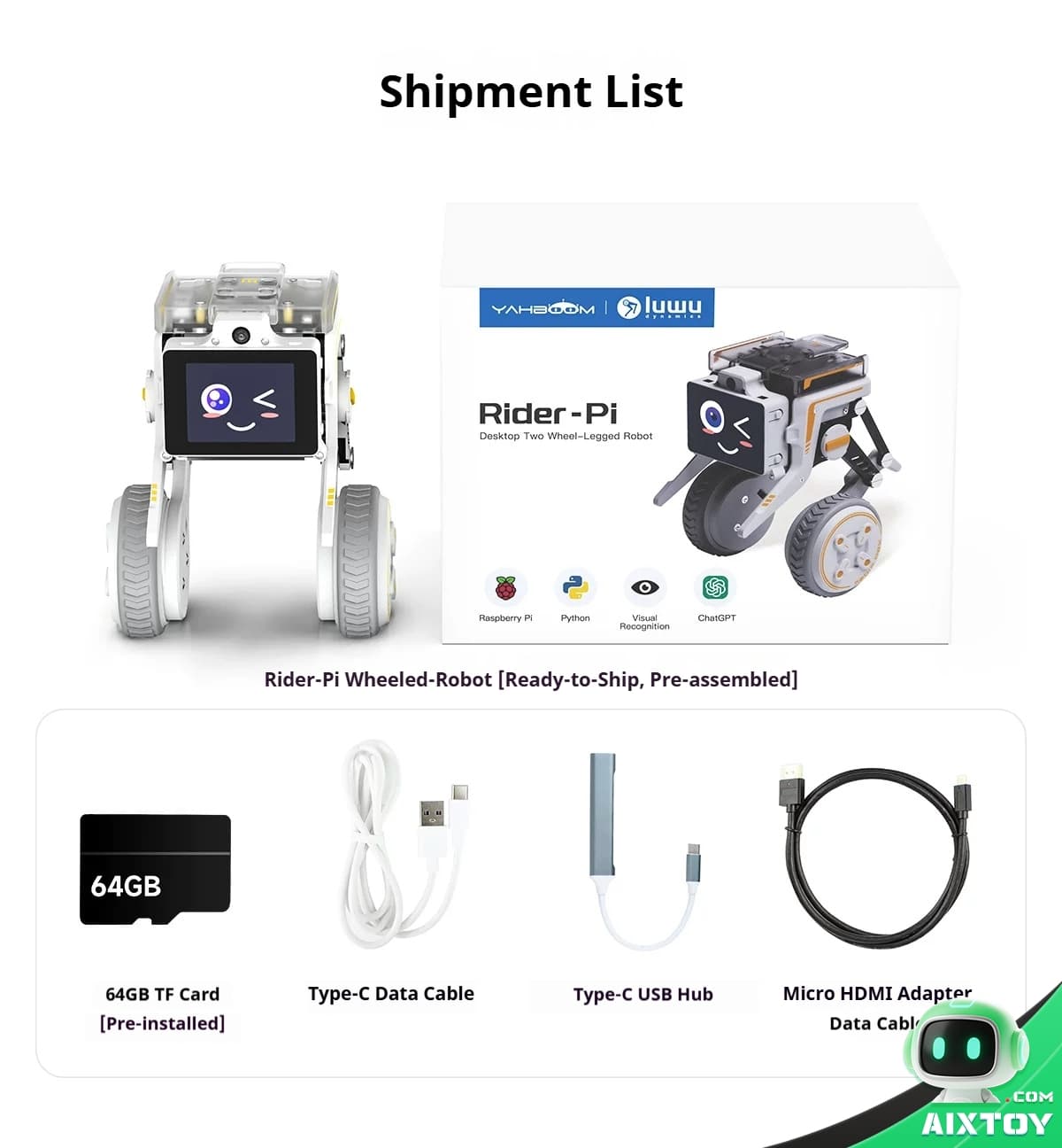 Rider-Pi wheeled robot beside its box, showcasing the preassembled kit and included components at the bottom row: 64GB TF card, Type-C data cable, Type-C USB hub, and Micro HDMI data cable.