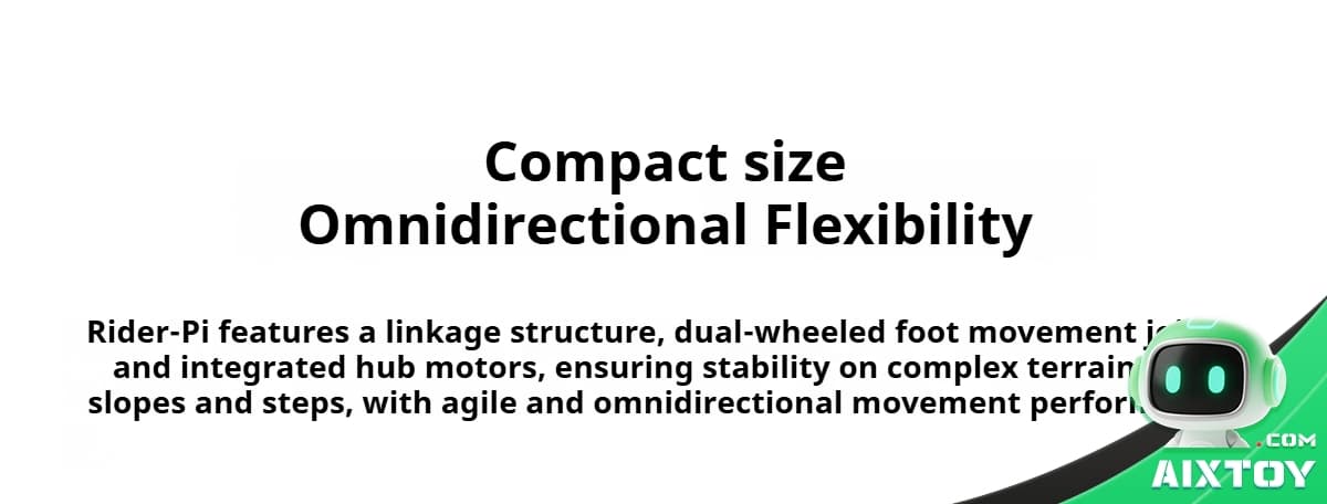 Product hero banner highlighting compact size and omnidirectional flexibility of Rider-Pi, with a small robot graphic in the bottom-right corner.
