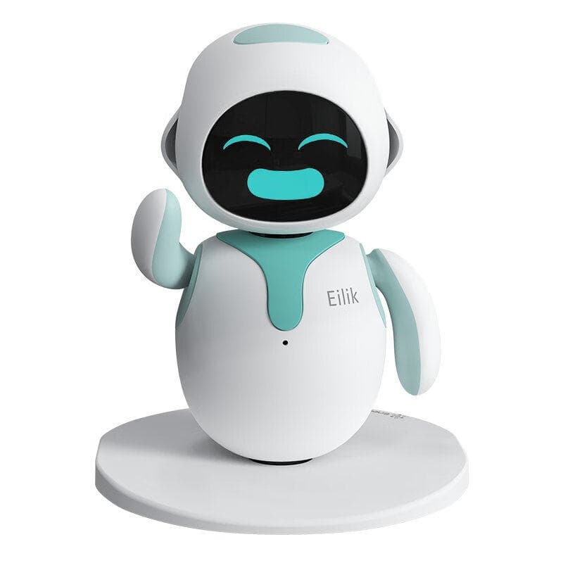 O1CN01DsgKuk1FSdb1bEOce_2221269930486 Smiling white and teal robot figurine standing on a round white base, waving hello.