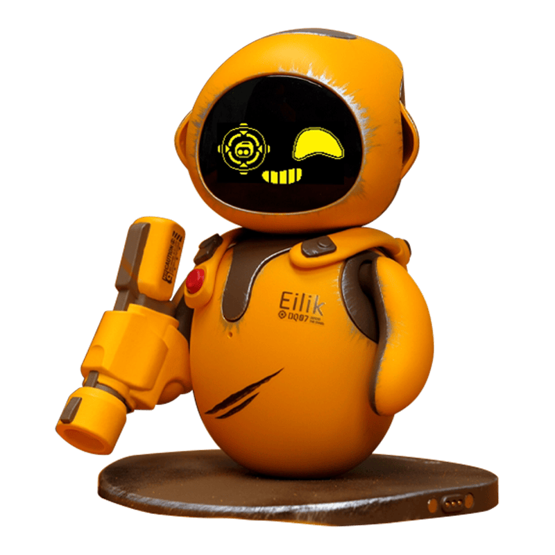O1CN01EaLnYN1FSdb1Aovvs_2221269930486 Orange Eilik robot figure with black screen face, holding a yellow tool, standing on a brown circular base.