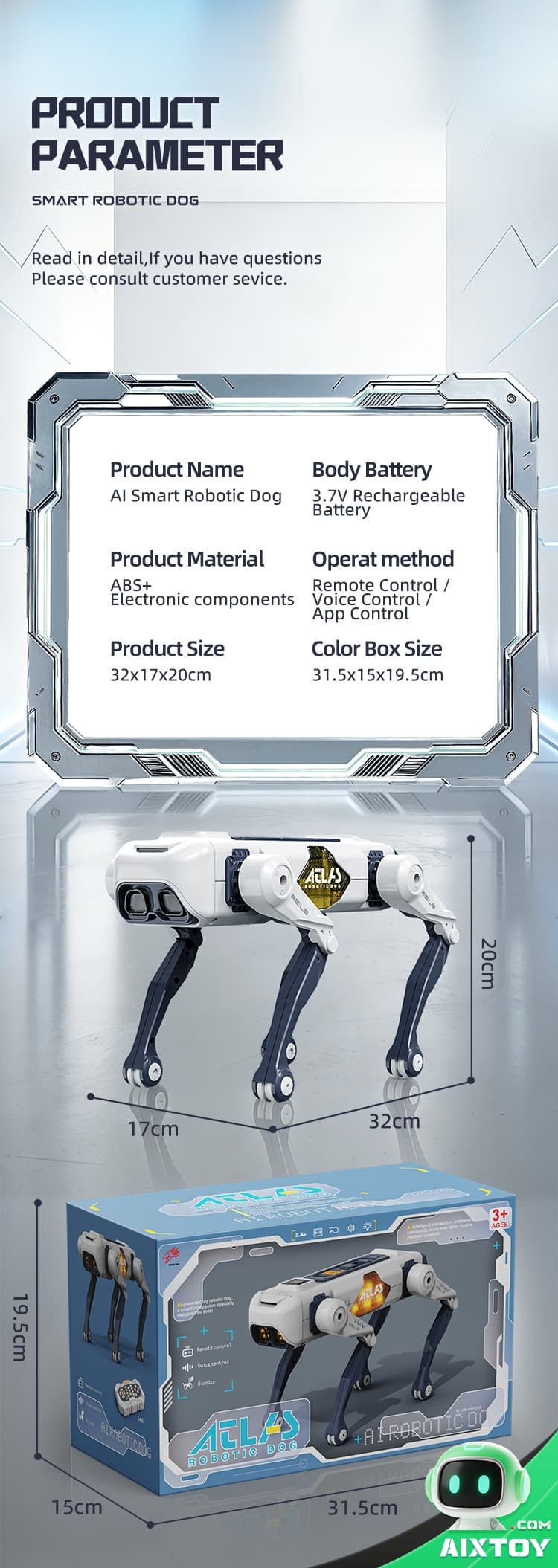 Product infographic for AI Smart Robotic Dog with specs: battery Product infographic for AI Smart Robotic Dog with specs: battery, ABS+ materials, remote/app control, and size 32×17×20 cm