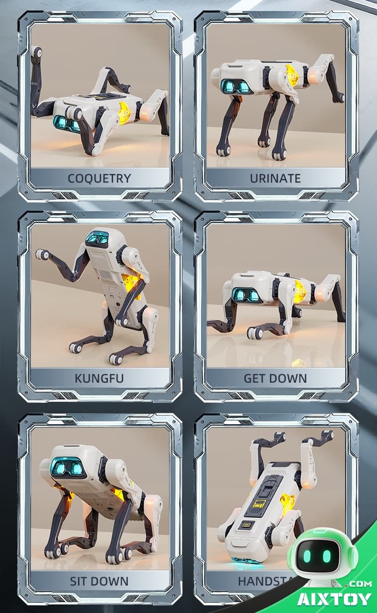White and black quadruped robot in a crouching pose White and black quadruped robot in a crouching pose, the card labeled COQUETRY visible below it.