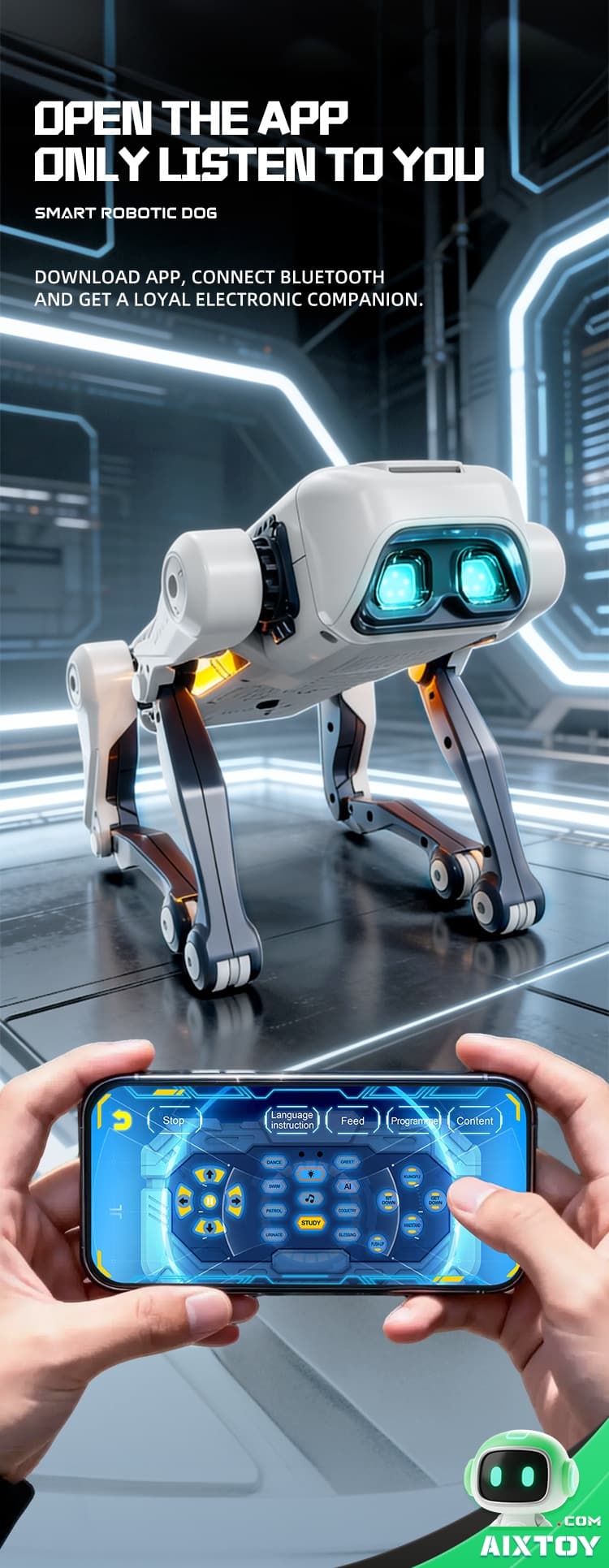 Futuristic white robotic dog with blue Futuristic white robotic dog with blue-lit eyes stands in a neon lab while a person holds a smartphone displaying a control app.