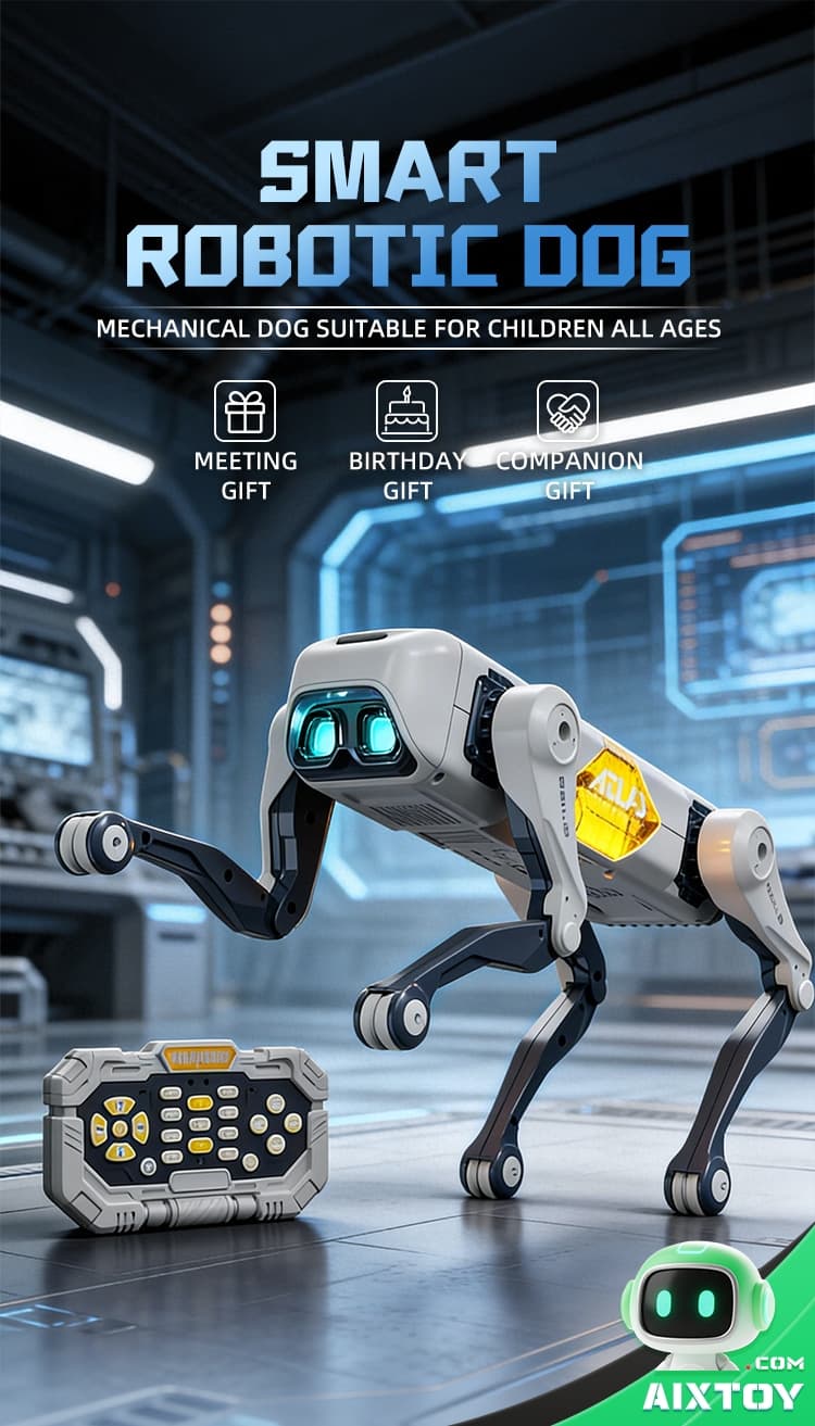 Promotional image of a smart robotic dog with a remote control in a futuristic l Promotional image of a smart robotic dog with a remote control in a futuristic lab setting; text reads 'SMART ROBOTIC DOG'.