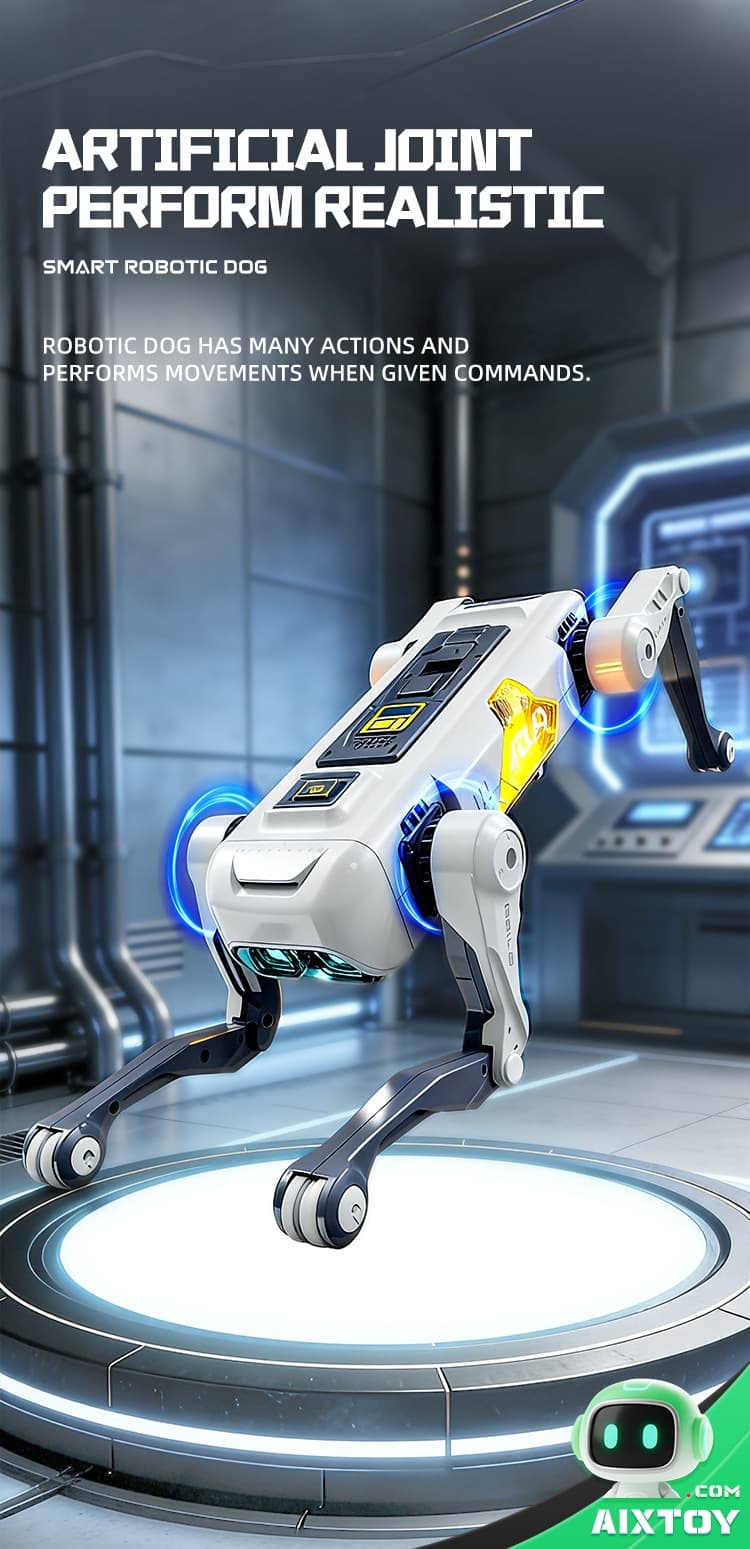 Smart robotic dog with jointed legs standing on a glowing circular platform in a Smart robotic dog with jointed legs standing on a glowing circular platform in a futuristic lab setting.