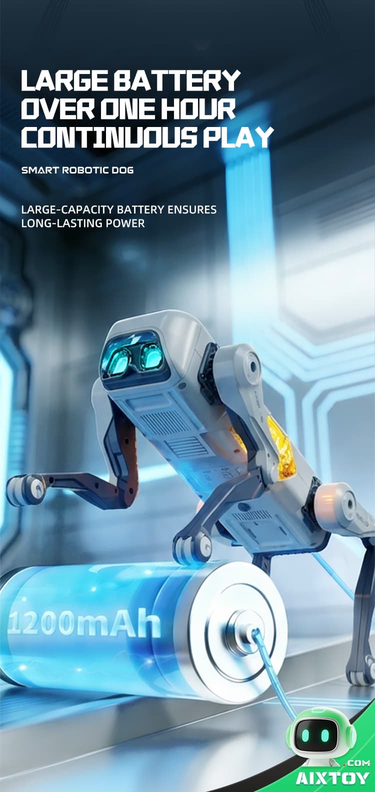 Futuristic robotic dog beside a large 1200mAh battery Futuristic robotic dog beside a large 1200mAh battery, with headline about over one hour of continuous play and long-lasting power.