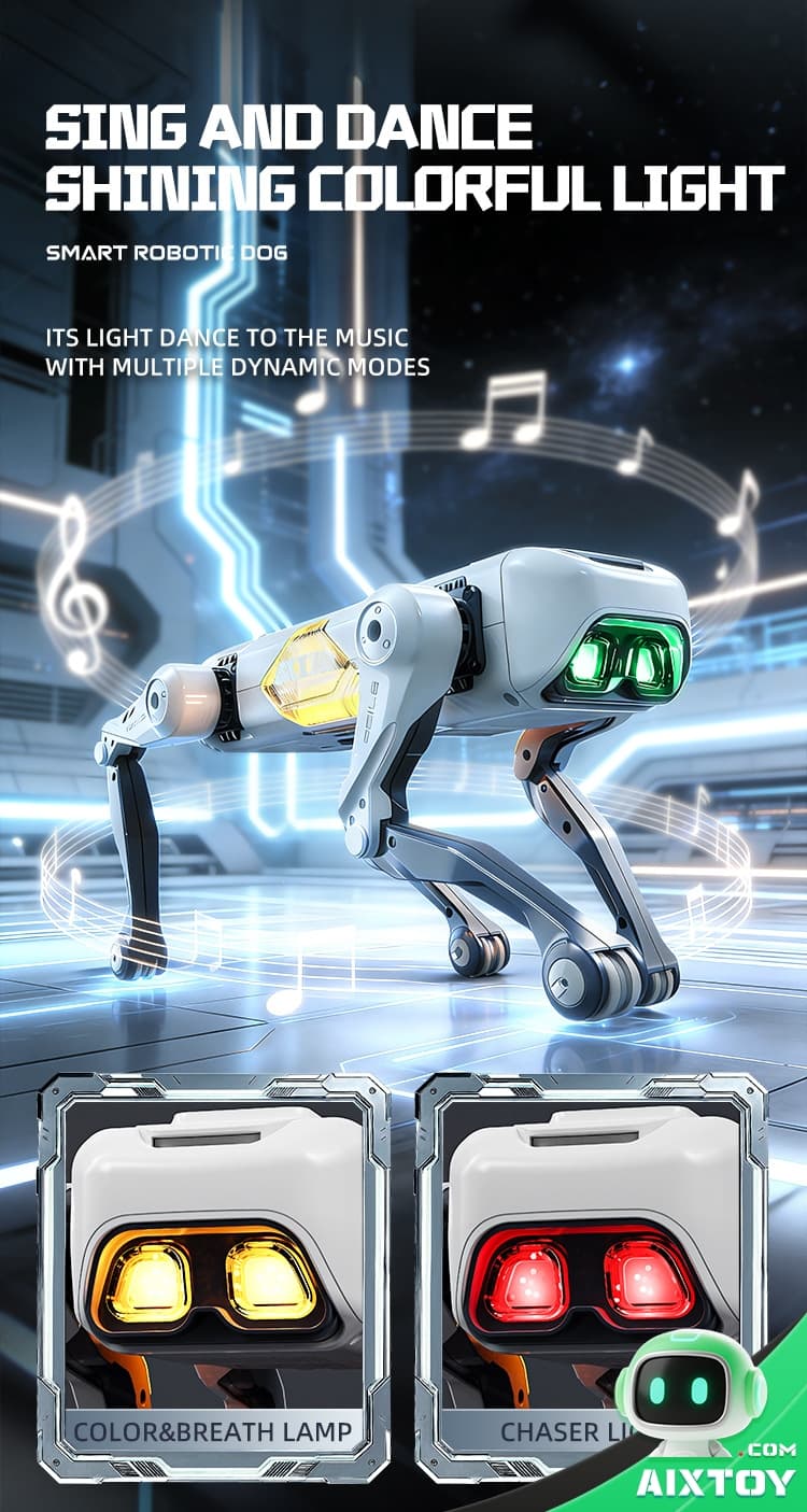 Futuristic poster featuring a white robotic dog with glowing green eyes dancing Futuristic poster featuring a white robotic dog with glowing green eyes dancing on a neon-lit stage; large bold text reads 'SING AND DANCE SHINING COLORFUL LIGHT,' with smaller 'SMART ROBOTIC DOG' and music notes circling the scene. Two product panels at the bottom show 'COLOR&BREATH LAMP' and 'CHASER LITE,' with a small green-eyed mascot in the corner.
