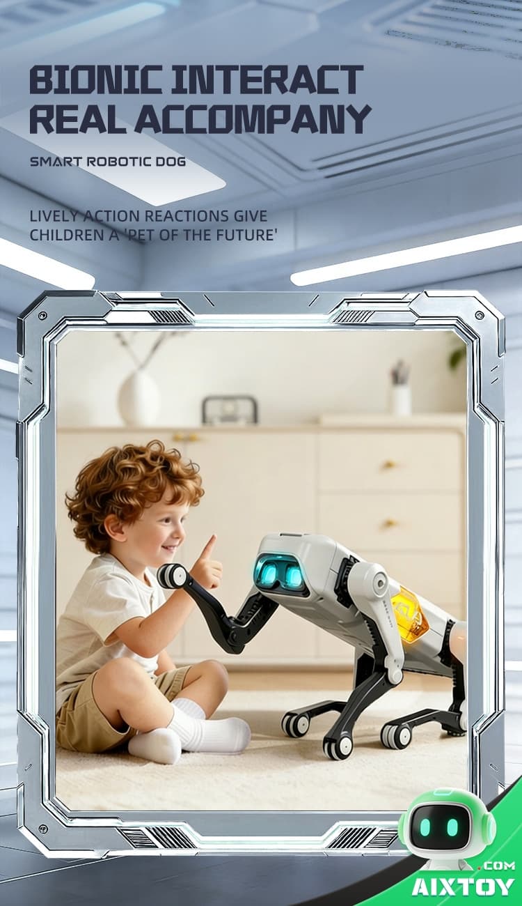 Child sits on the floor smiling as a futuristic robotic dog toy offers its paw i Child sits on the floor smiling as a futuristic robotic dog toy offers its paw in a home setting, showing friendly interaction for kids.