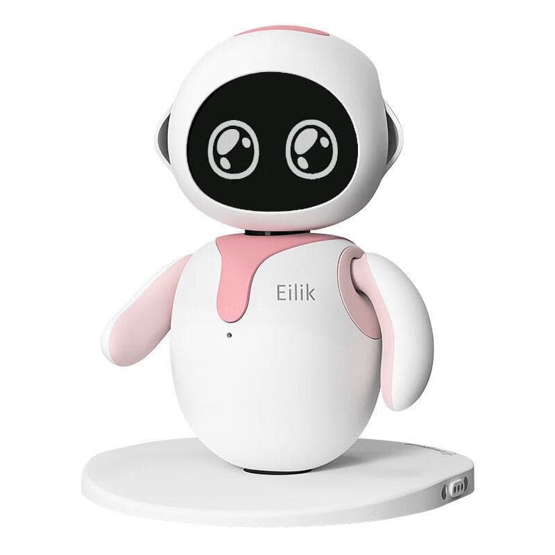 O1CN01zCPAEW1FSdb0nDAxI_2221269930486 White and pink Eilik robot on a white display base, facing forward with large black screen eyes.
