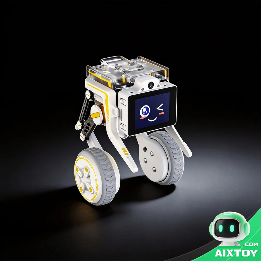 White compact wheeled robot with square display face showing Rider-Pi self-balancing AI
