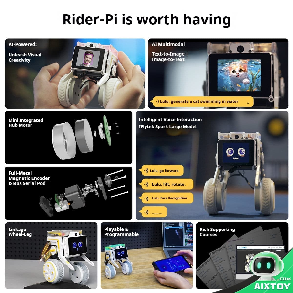 Rider-Pi features collage showing AI camera obstacle avoidance and programmable controls