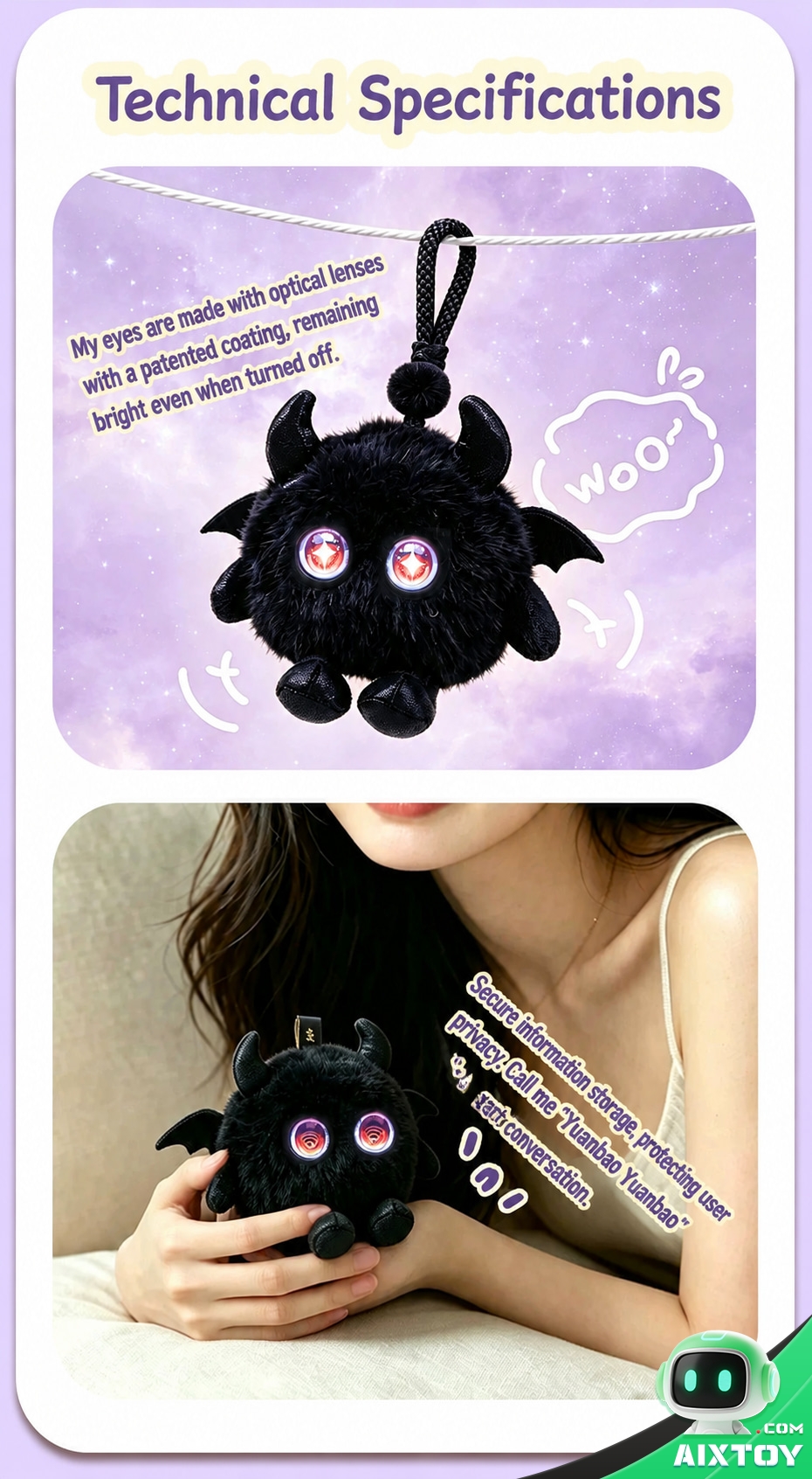 AI Bionic Plush Companion Pet - Round Black Interactive Talking Plush AI Bionic Plush Companion Pet - Round Black Interactive Talking Plush - feature detail