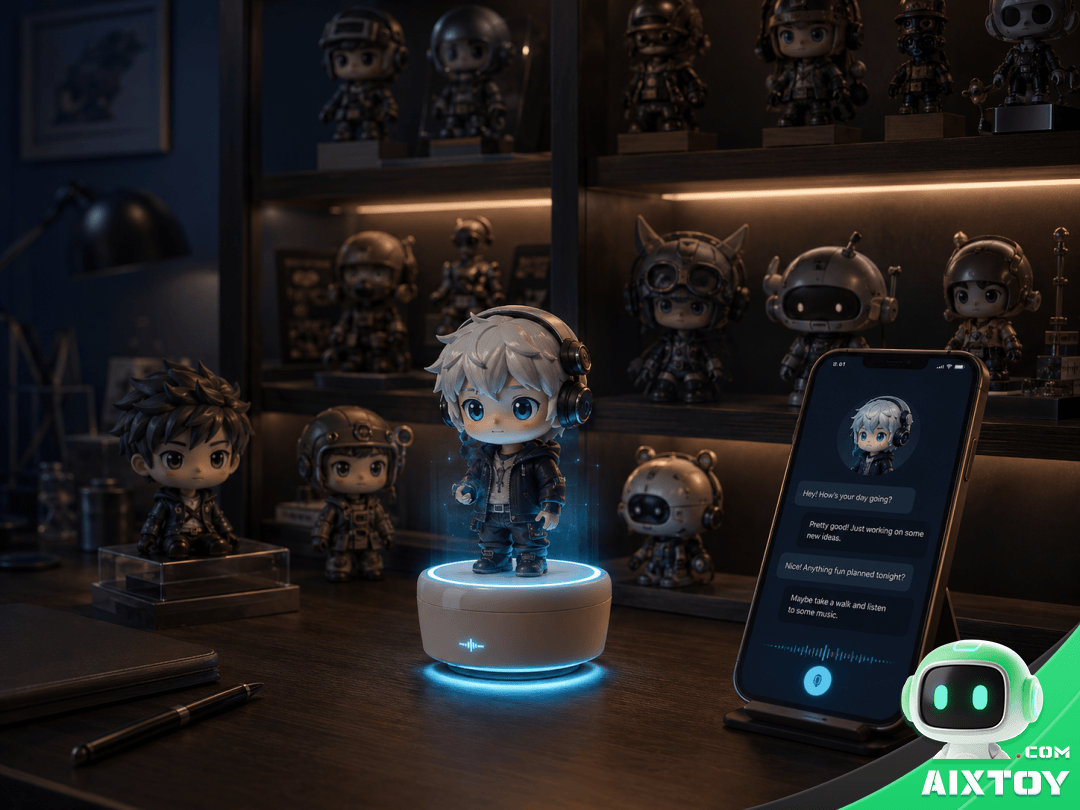 AI-powered collectible figure on display shelf with interactive LED base bringing characters to life through conversation