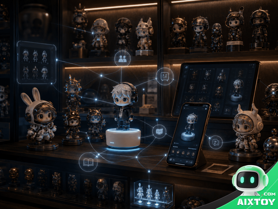 Person interacting with AI collectible figure on desktop showing the kidult market for smart IP merchandise and talking figures