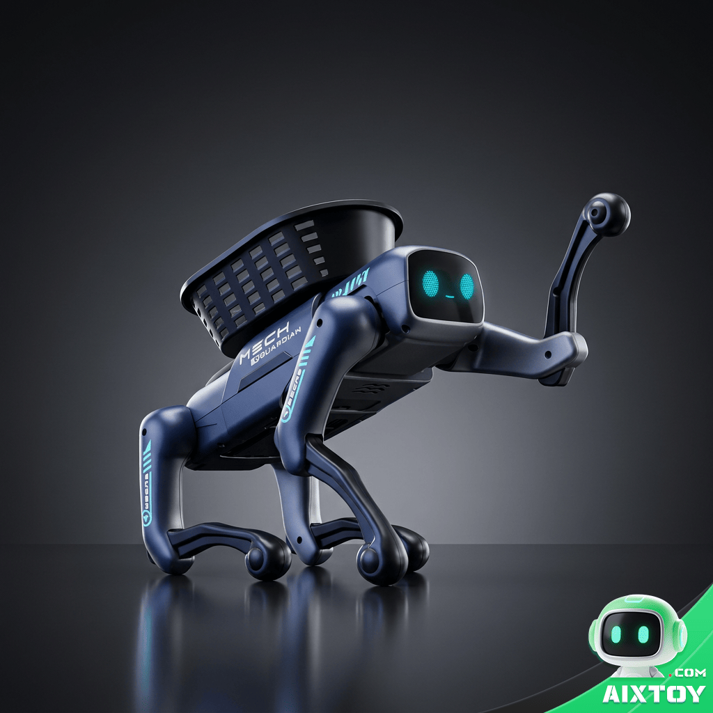 AI Robot Dog Smart Programmable Kids Toy Main Studio | AIXTOY Navy blue AI robot dog with LED face and basket programmable smart kids toy main product image