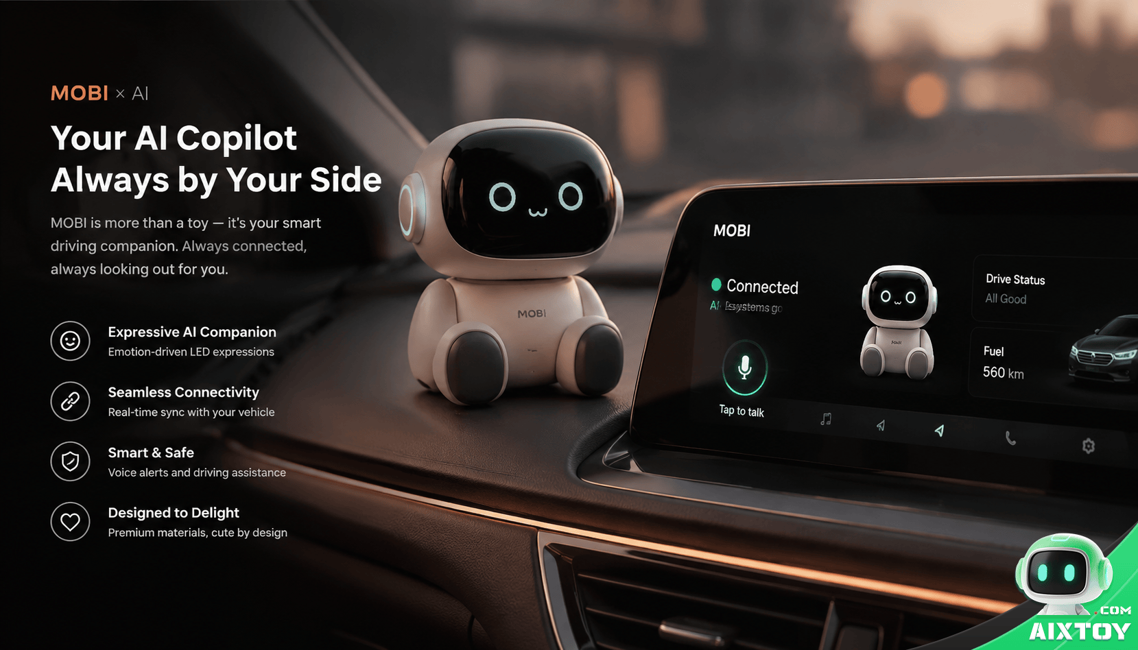 AI robot toy integrated with futuristic car dashboard showing connected smart companion for automotive IoT